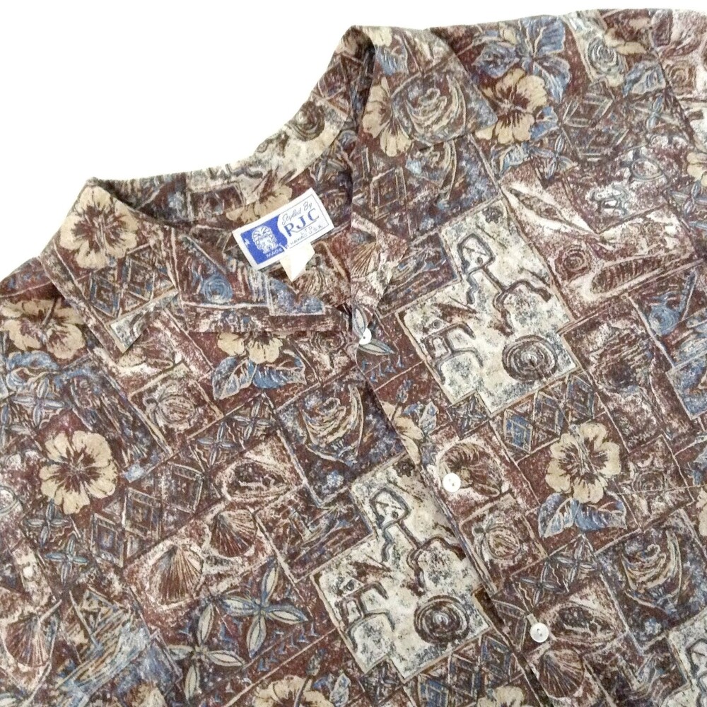 RJC Hawaiian Shirt Men's 2XL Aloha Blue Beige Ivory Tapa Print